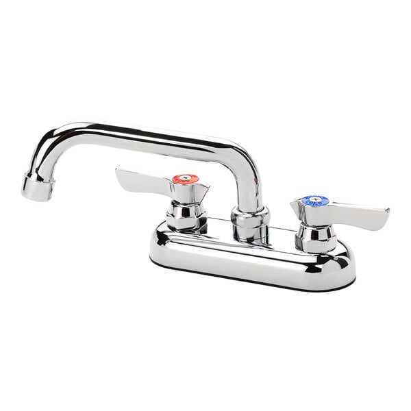 A Krowne silver deck-mount faucet with lever handles and a swing nozzle.