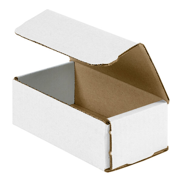 A white Lavex corrugated mailer box with a lid open.
