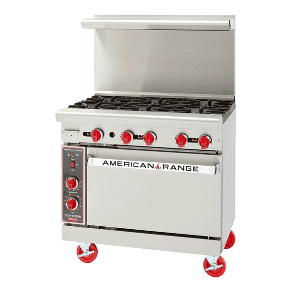 An American Range stainless steel 6-burner gas range with convection oven.
