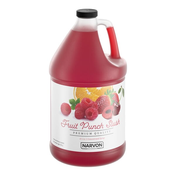 A one-gallon jug of Narvon Fruit Punch Slush concentrate.