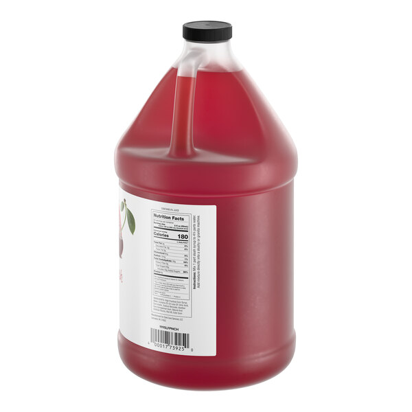 A one-gallon jug of Narvon Fruit Punch Slushy concentrate with a red liquid and a nutrition label on the side.