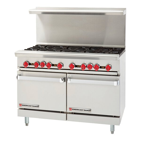 An industrial stainless steel 8-burner gas range with a standard oven and storage base.
