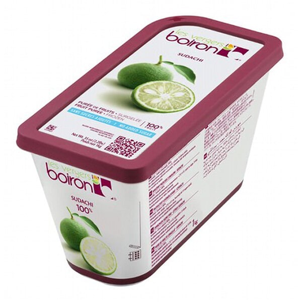 A container of food with a label filled with Les Vergers Boiron Sudachi Fruit Puree and a lime slice.