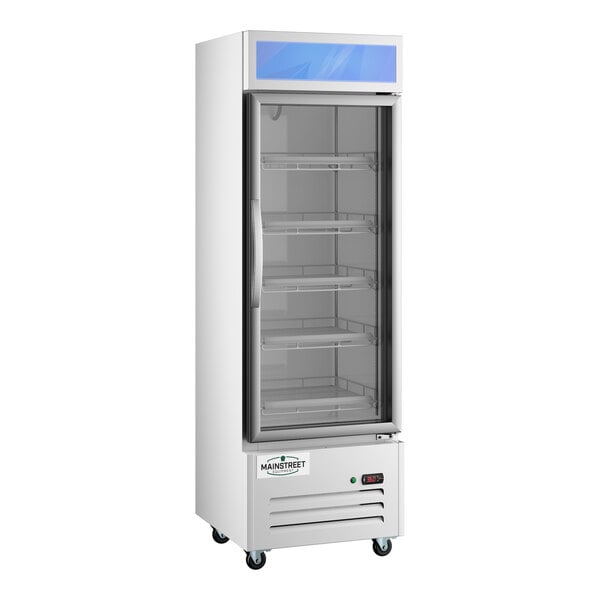 A white commercial glass door merchandiser refrigerator with multiple shelves and wheels.