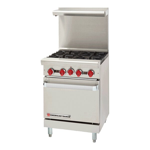 A stainless steel 4-burner commercial range with a space-saver oven and red control knobs.