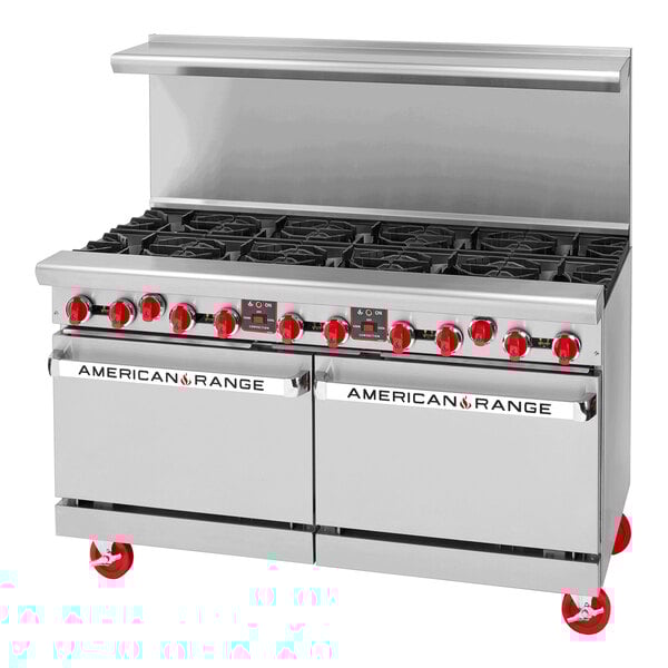 An American Range stainless steel 10-burner range with red knobs.
