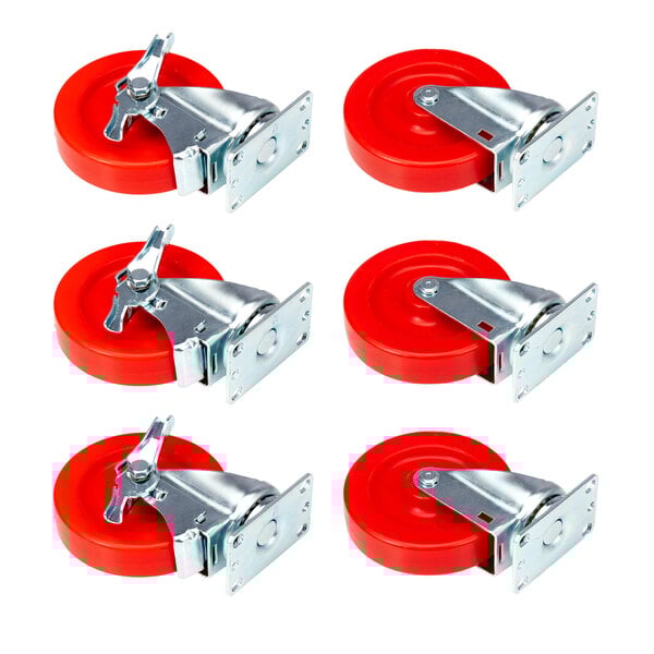 A set of 6 American Range zinc swivel plate casters with red wheels.