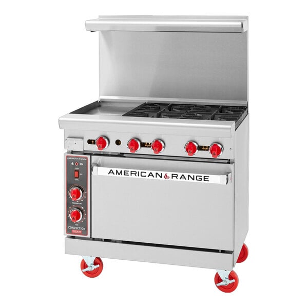 An American Range stainless steel 4-burner range with griddle.