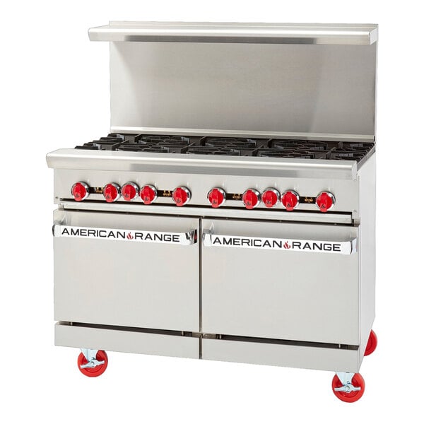 A large stainless steel American Range commercial gas range with red knobs.