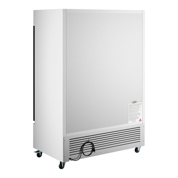 A large white swing glass door merchandiser refrigerator on wheels.