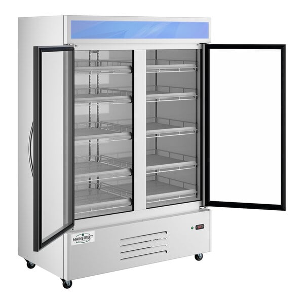 A commercial glass door merchandiser refrigerator with two swing doors and multiple shelves.