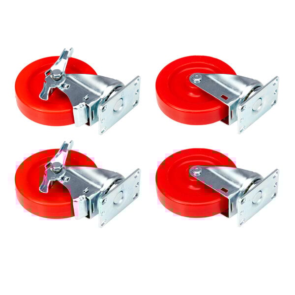 A group of red American Range zinc swivel plate casters.