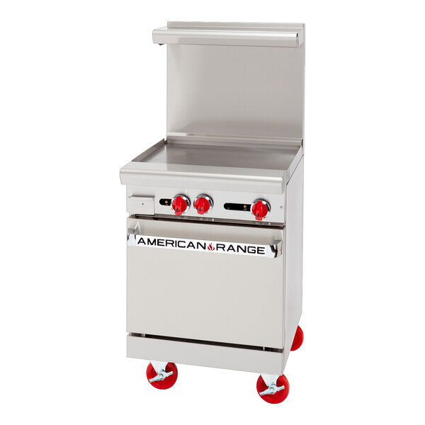 An American Range stainless steel gas range with a griddle and oven.
