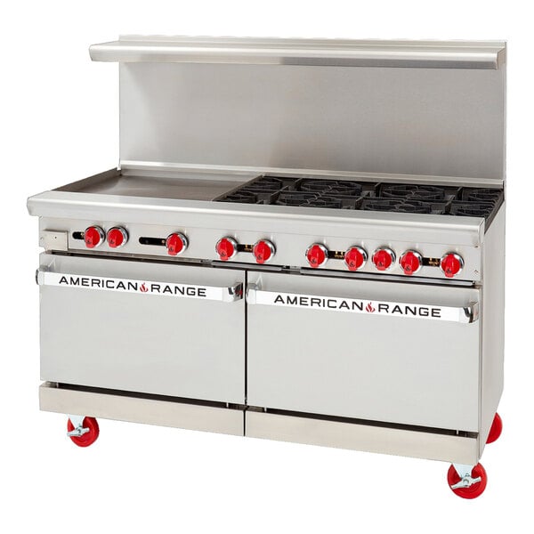 An American Range stainless steel commercial gas range with 6 burners, a griddle, and 2 convection ovens.