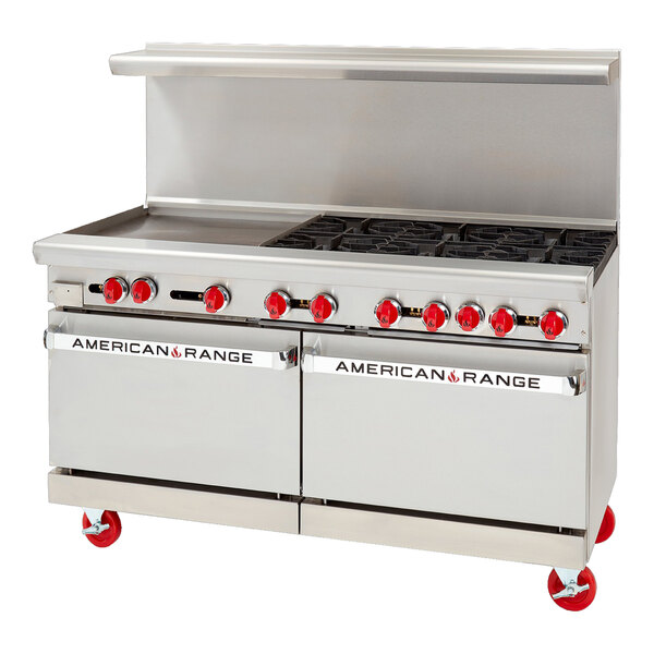 A large stainless steel American Range commercial gas range with red knobs on a counter.