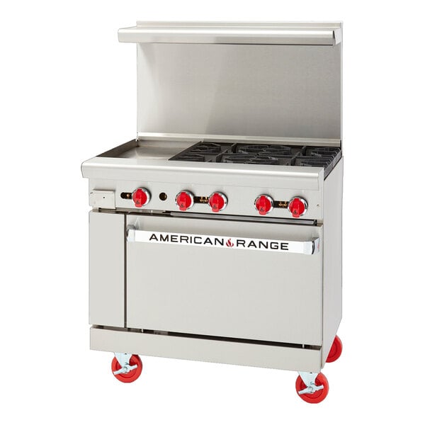 An American Range stainless steel gas range with a griddle and oven.