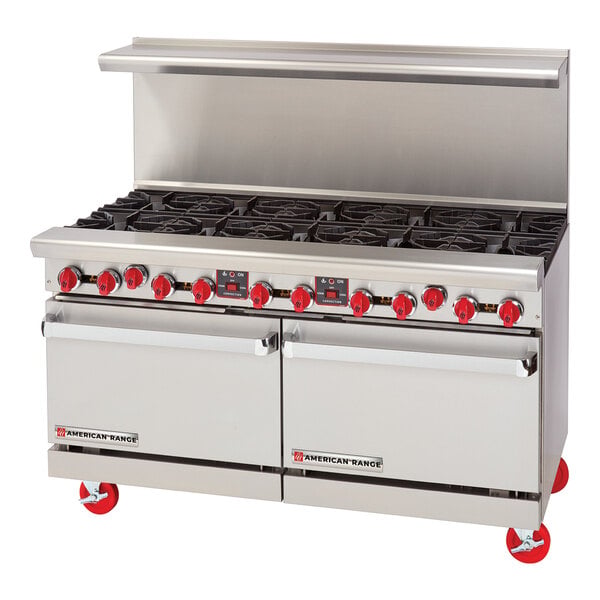 A large stainless steel commercial gas range with ten burners and two convection ovens.