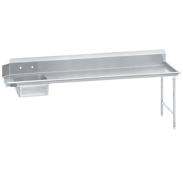 A stainless steel dishtable with a shelf on the right.
