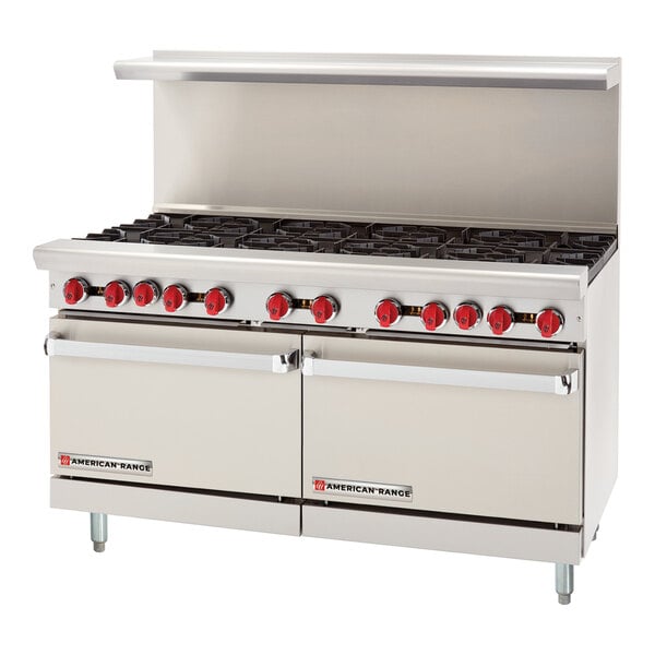 A large commercial stainless steel gas range with six burners, a 24-inch griddle, and two standard ovens.