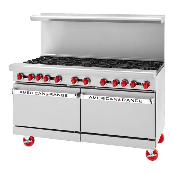 An American Range stainless steel 10-burner range with 2 ovens.