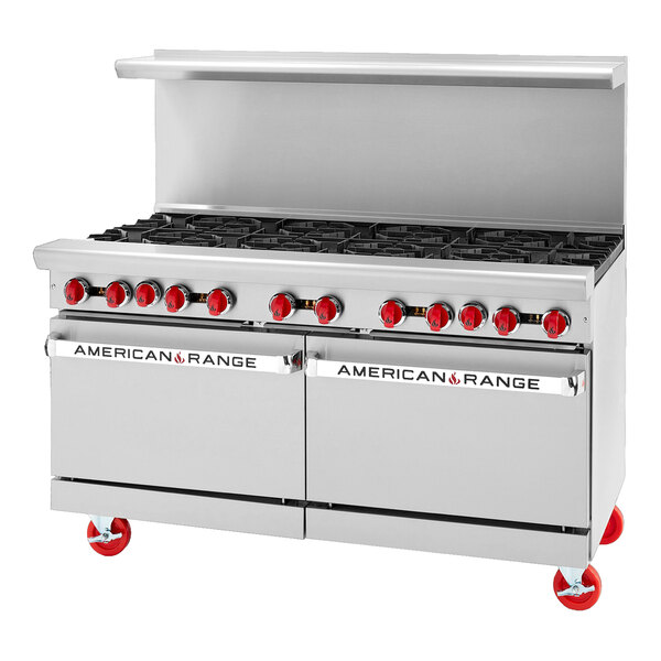 An American Range stainless steel 10-burner range with 2 ovens.
