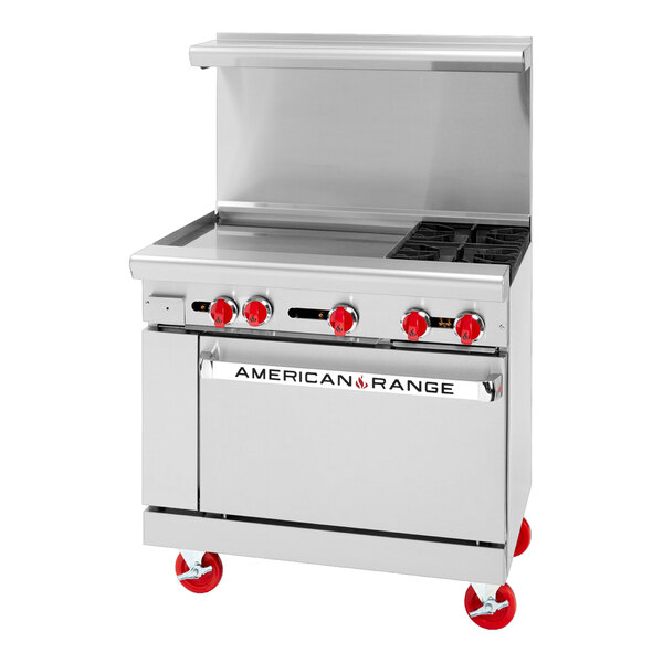 An American Range stainless steel 2-burner range with griddle and oven.