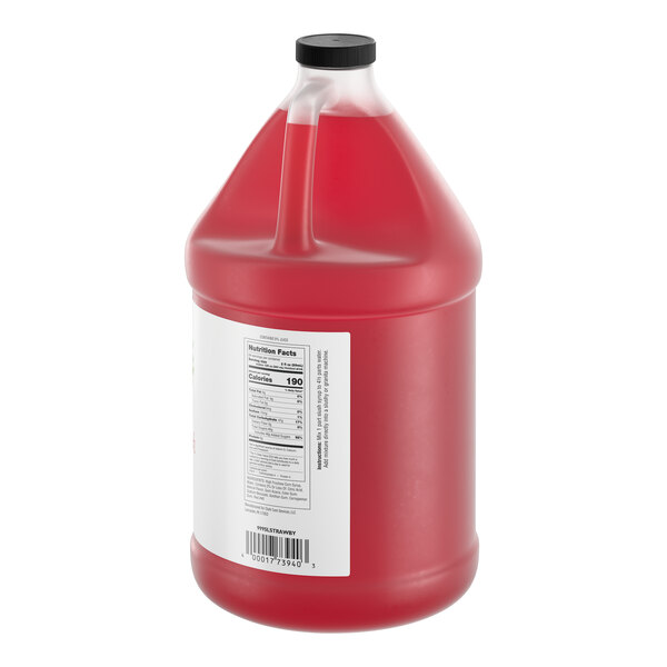 A one-gallon jug of Narvon Strawberry Slushy concentrate with a red liquid and a black cap.