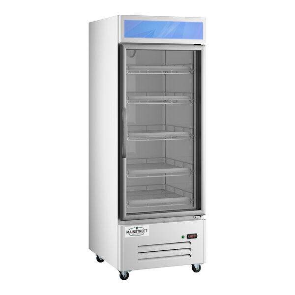 A white glass door merchandiser refrigerator with multiple shelves and a swing door.