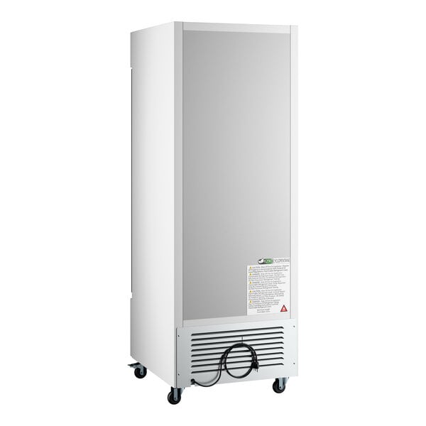 A white swing glass door merchandiser refrigerator on wheels.