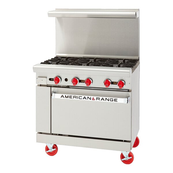 An American Range stainless steel 6-burner range with oven.