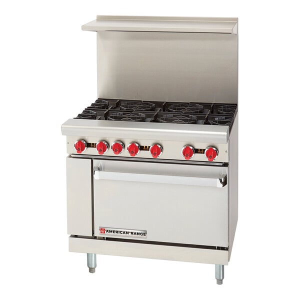 A commercial stainless steel 6-burner range with a standard oven and red control knobs.