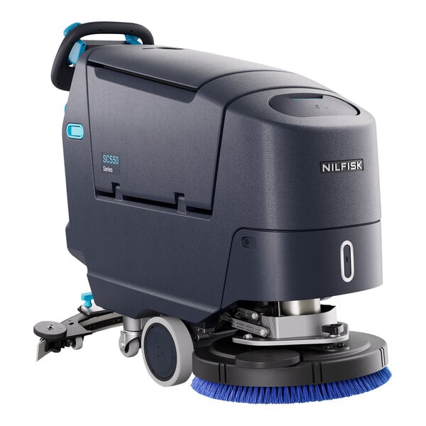 A Nilfisk SC550 floor scrubber with wheels and a handle.