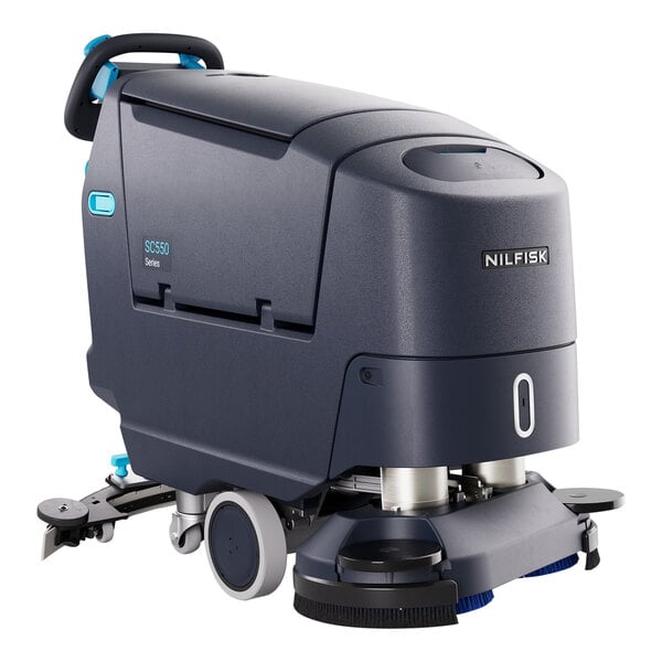 A Nilfisk walk-behind floor scrubber with wheels.