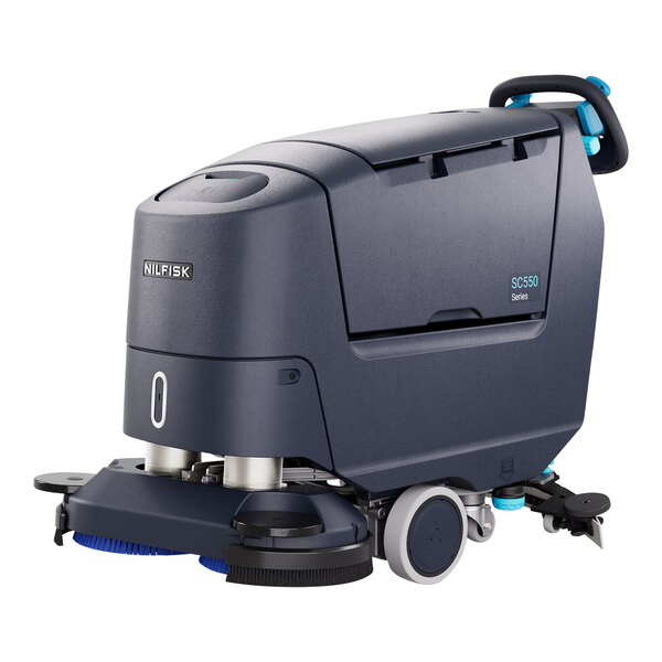 A Nilfisk SC550 cordless walk-behind floor scrubber with wheels and a handle.