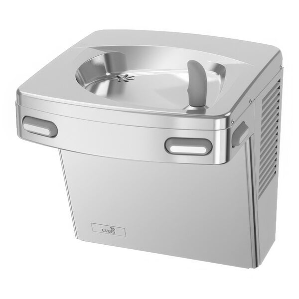 A stainless steel filtered drinking fountain with a chilled water feature.