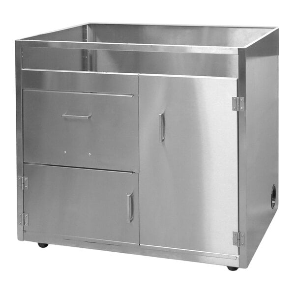 A stainless steel kitchen cabinet on wheels with a Paragon Apex Popcorn Machine Stand.