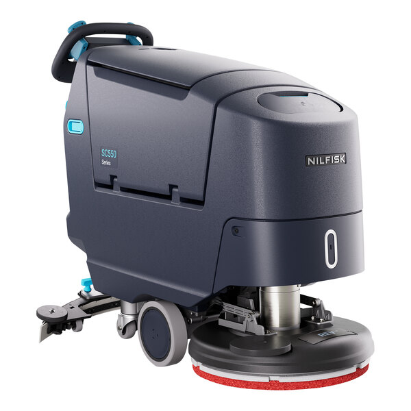 A Nilfisk SC550 R cordless walk-behind floor scrubber with wheels and a handle.
