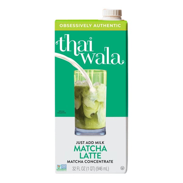 A carton of Thaiwala Matcha Latte concentrate with a glass of green liquid.