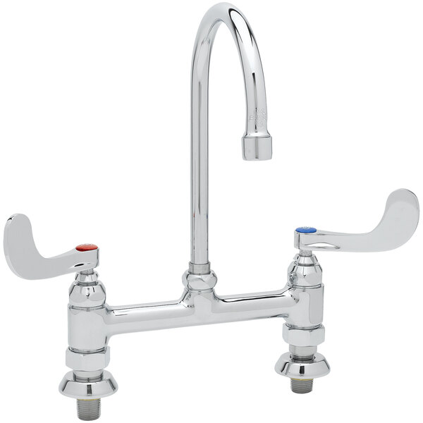 A chrome T&S deck-mounted faucet with gooseneck nozzle and wrist handles.
