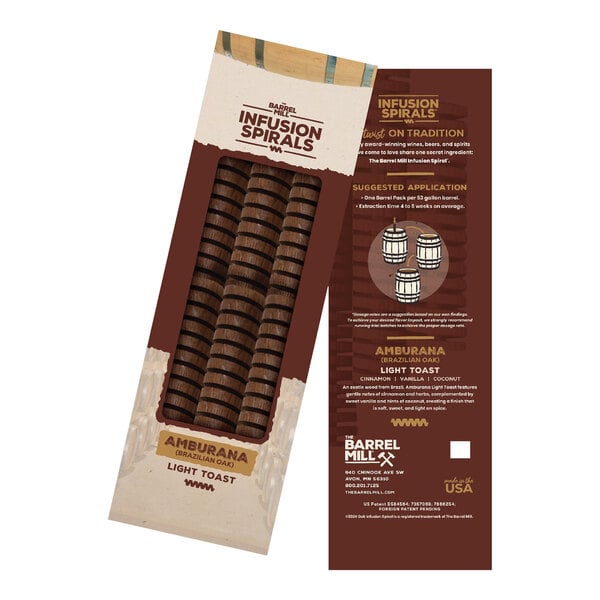 A box of 6 Barrel Mill Amburana Light Toast Infusion Spirals with a brown and white label.