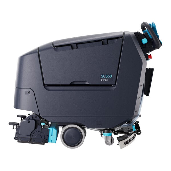 A black Nilfisk walk-behind cylindrical floor scrubber with wheels.