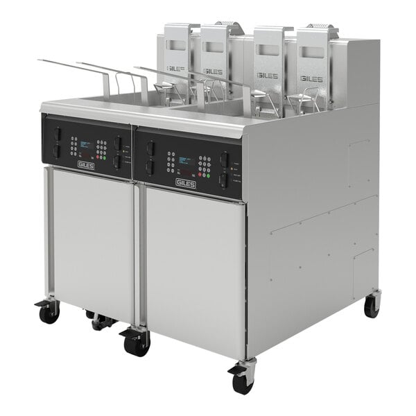 A commercial double-unit liquid propane floor fryer with digital controls and multiple fry baskets.