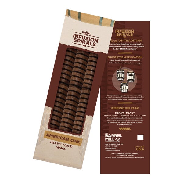 A brown and white box of 6 Barrel Mill American Oak Heavy Toast Infusion Spirals.