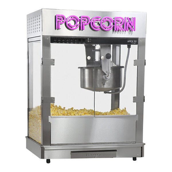 A Paragon countertop popcorn machine with a large container of popcorn.