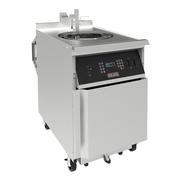A commercial natural gas kettle fryer with a digital control panel and stainless steel exterior.