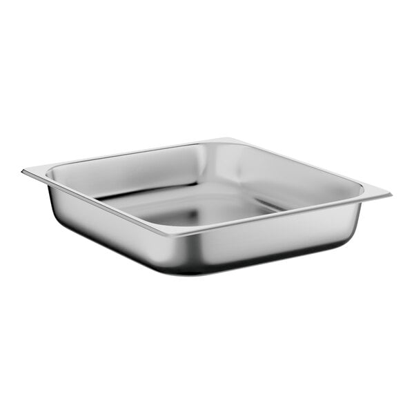 A square stainless steel food pan.