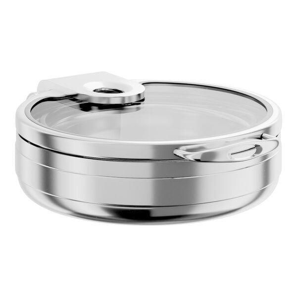 A round stainless steel induction chafer with a glass top and soft close lid.