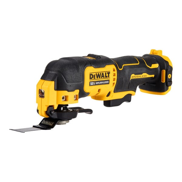 A close up of a yellow and black Dewalt cordless power tool.