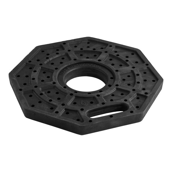 A black, octagonal weighted delineator base with a handle and central hole, designed for traffic safety applications.