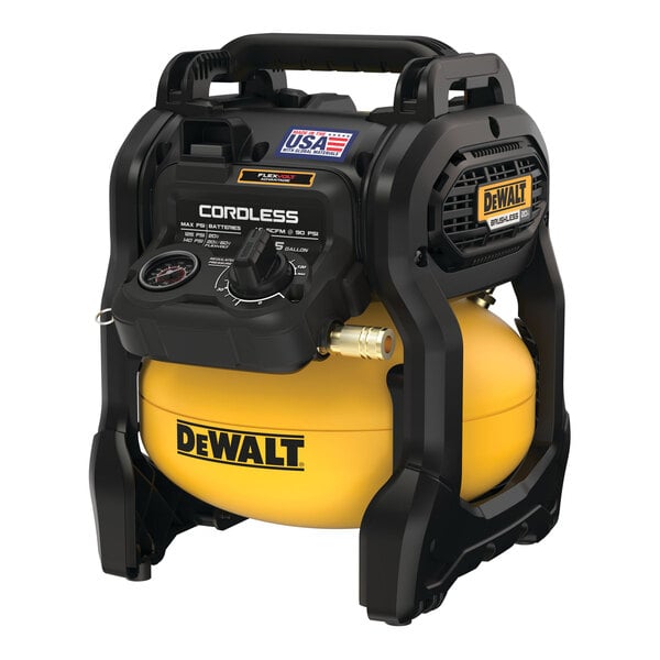A yellow and black DeWalt portable air compressor.